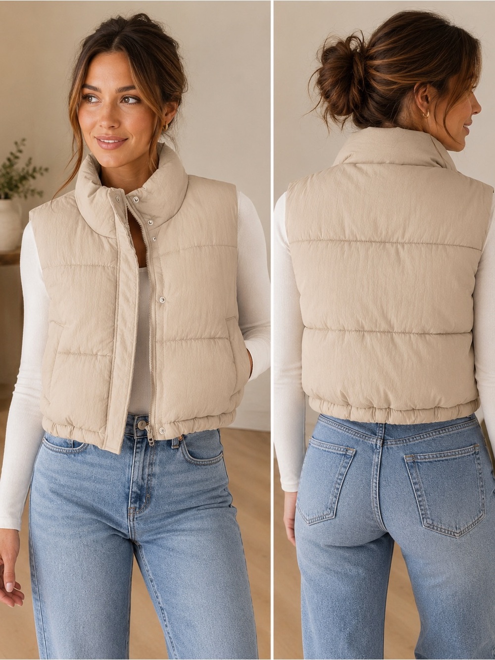 Ci Sono Beige Cropped Puffer Vest XL